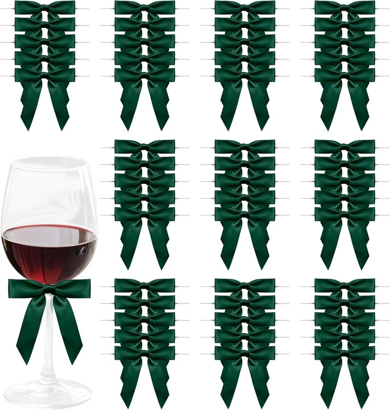 Sokfone Satin Ribbon Dark Green Bow Decor 2.5" Premade Dark Green Twist Tie Bows for Gift Wrapping Bow for Treat Bags Party Favors Wedding Decorations - 50 Counts - Image 1